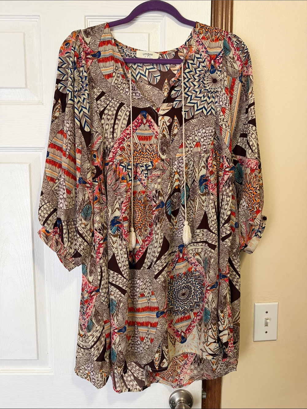 Umgee Multicolor Printed Boho Tunic with Tassel Tie